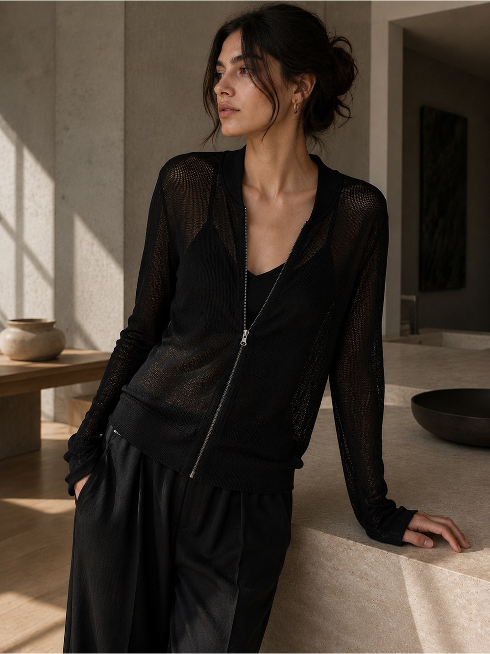 Ca Va De Soi Egyptian Mako Cotton Open Knit Zip Cardigan | L
